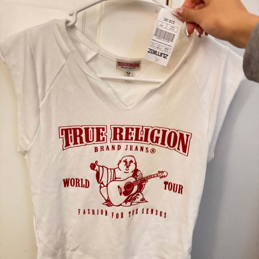 True Religion Buddha Logo Notch Rib White Crop T-Shirt
